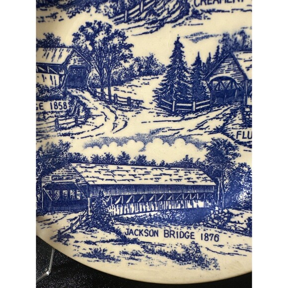 Vintage Covered Bridges of New England Blue & White Souvenir Plate 7.25" - Picture 4 of 6